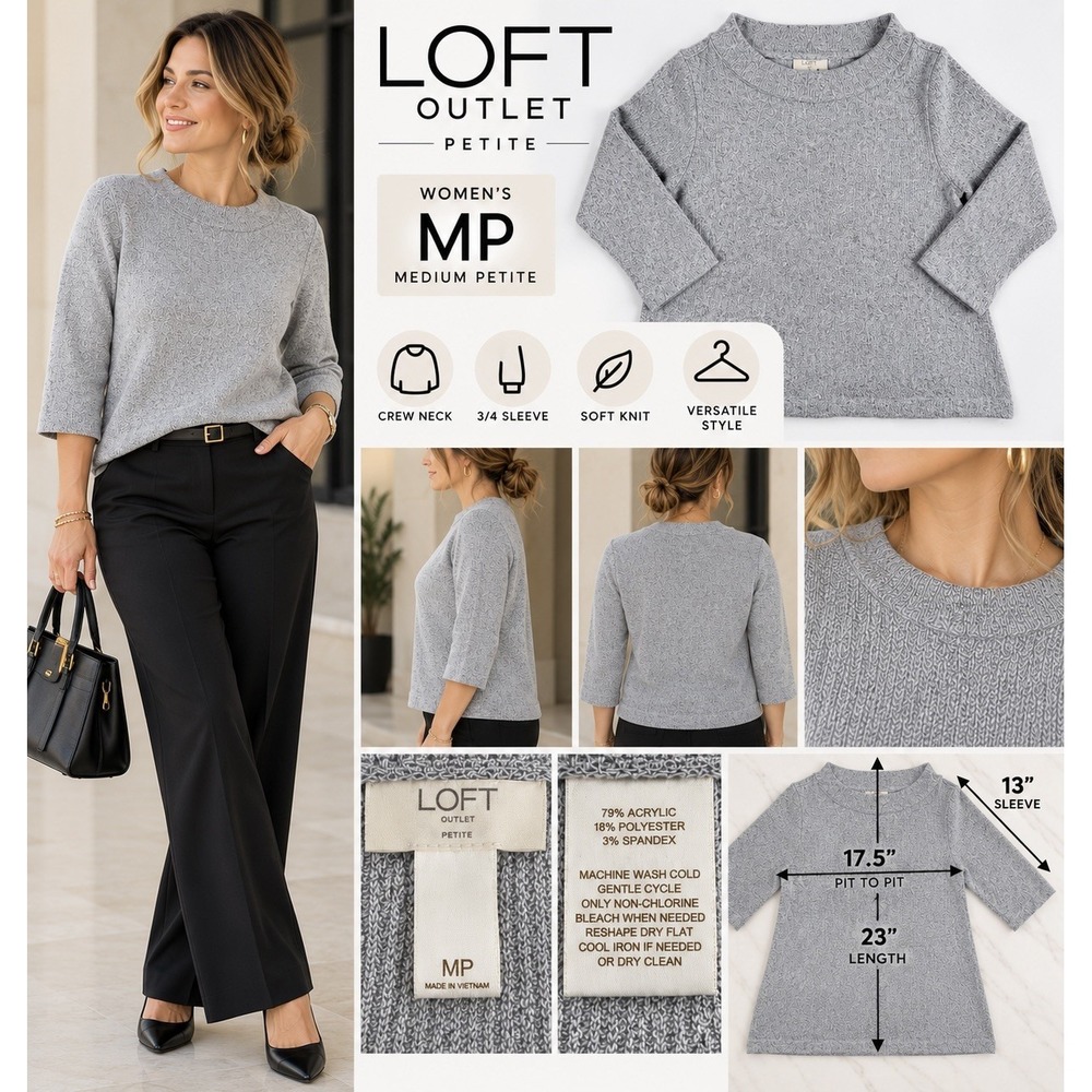 Crew Neck Sweater Women MP Petite Gray 3/4 Sleeve Soft Knit LOFT careercore